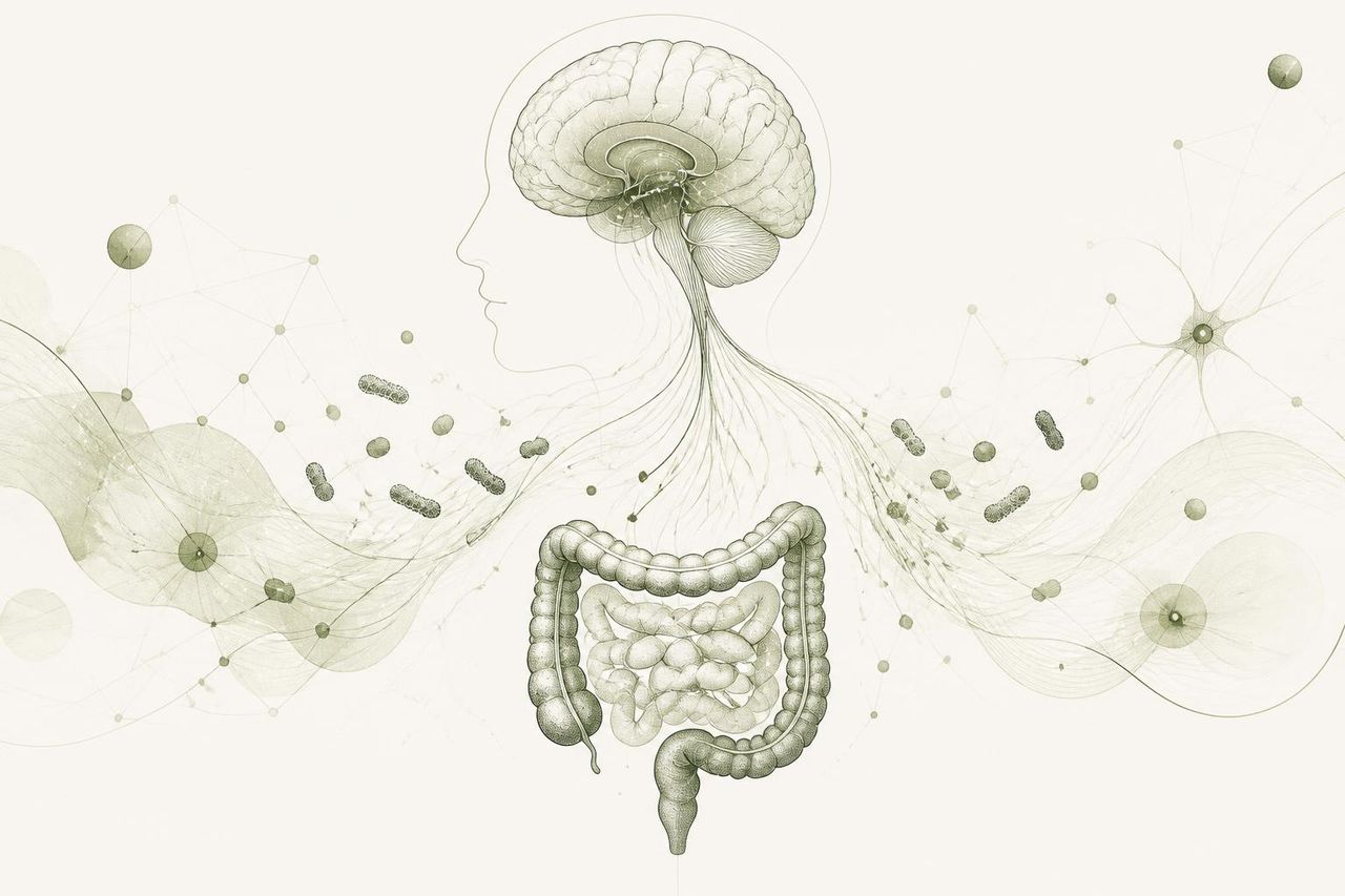 Ilustração científica da microbiota intestinal, em traços finos verde oliva